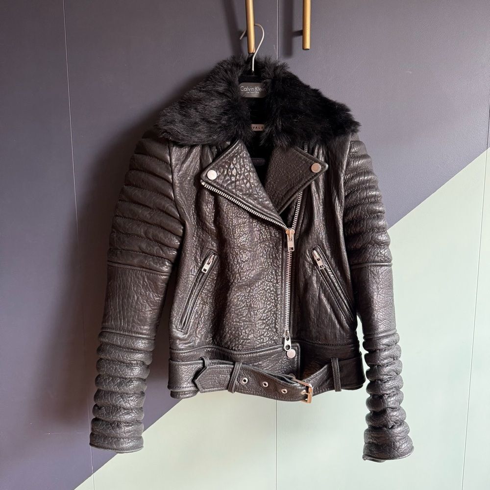 The Arrivals Ranier Pebbled Lamb Leather Jacket w/ Removable Fur Collar, XS
